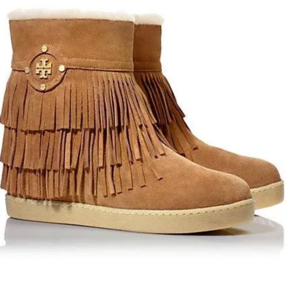 Tory Burch Camel Fringe Suede Ankle Boots